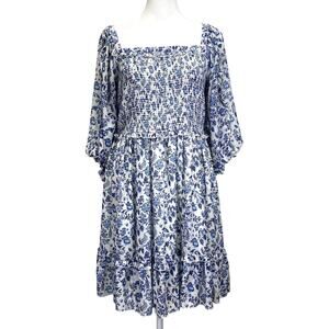 Super Natural Secret Mission Floral Chiffon Smocked Greenport Dress Blue Sz M